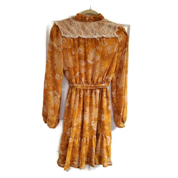 Tahari ASL Lace-Trim Tierred Split Neck Dress SZ 2 NWT Mustard Coquette Girl - Picture 4 of 11